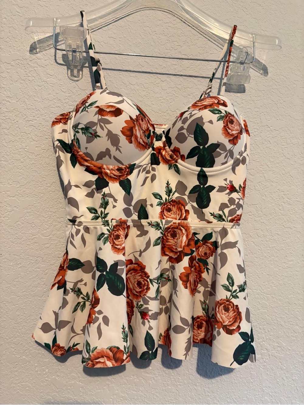 Floral Peplum Bustier Tank Top - White with Rust Roses